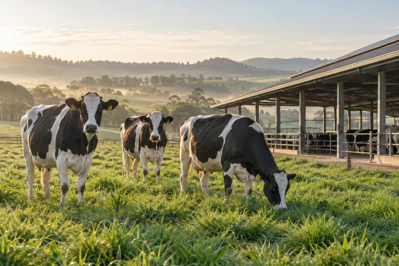 Vacas leiteiras em uma pastagem verde, em cena ilustrativa