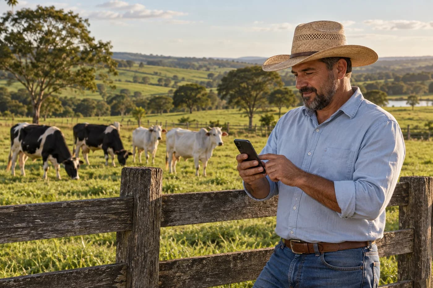 Produtor rural usando um celular junto a um rebanho em pastagem, em uma cena ilustrativa